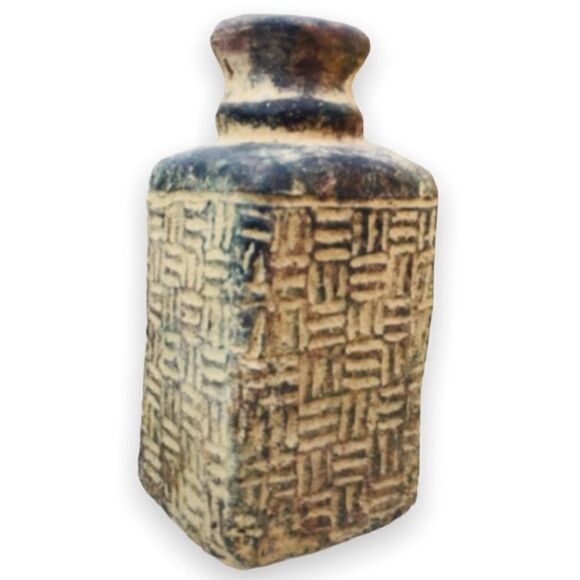 Primitive Mexican Weave Design Short Neck Square Clay Chunky Vessel Vase - Picture 2 of 16